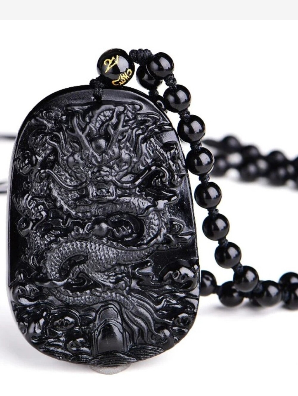 Natural Black Obsidian Hand-Carved Dragon Pendant Necklace. N.W.T. Unisex.